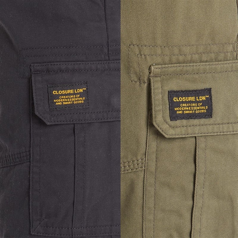 Closure London Mens Two Pack Utility Cargo Shorts Black/Khaki - Image 3