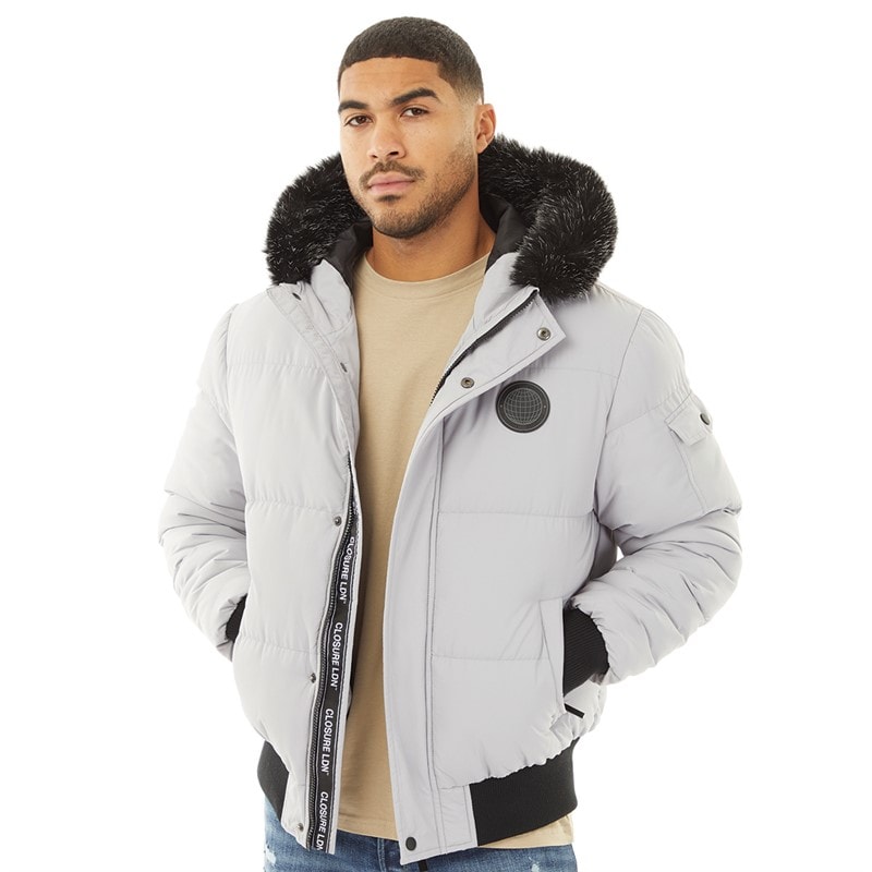 Closure London Mens Fur Hooded Short Puffer Jacket Ice Grey - Image 1