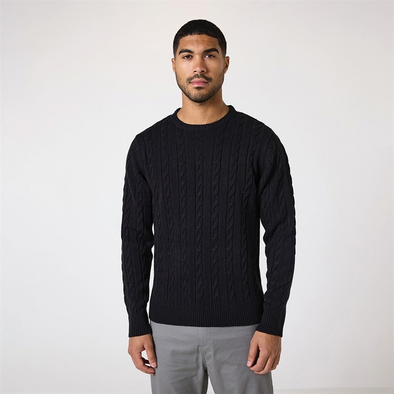 Closure London Mens Cable Knit Crew Neck Jumper Black - Image 3