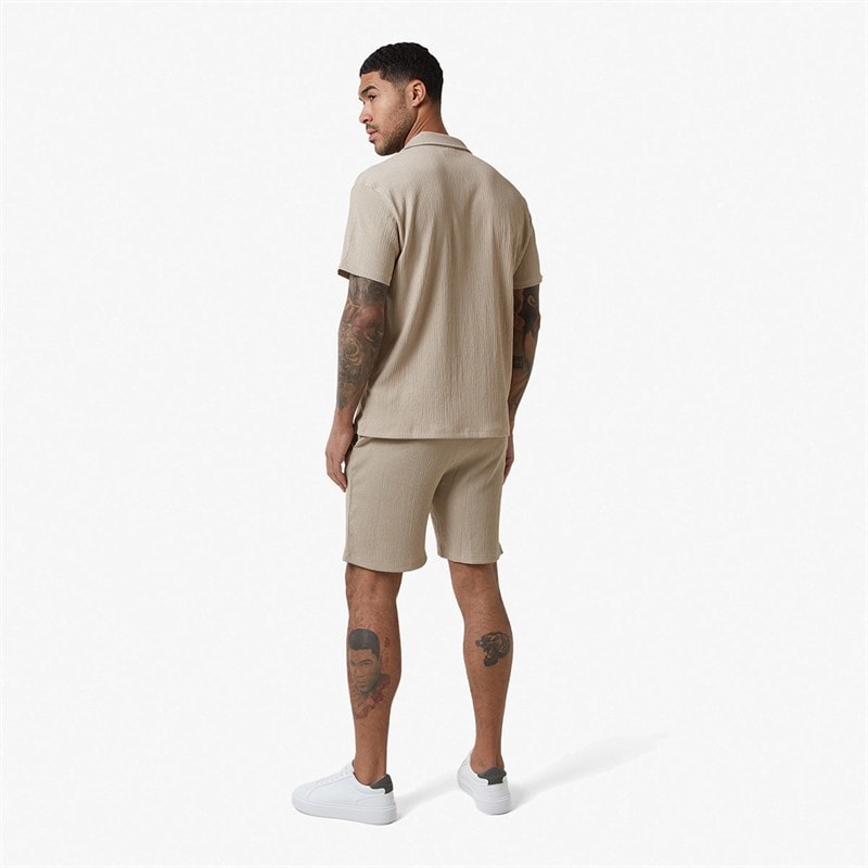 Closure London Mens Crinkle Short Sleeve Shirt And Shorts Set Stone - Image 2