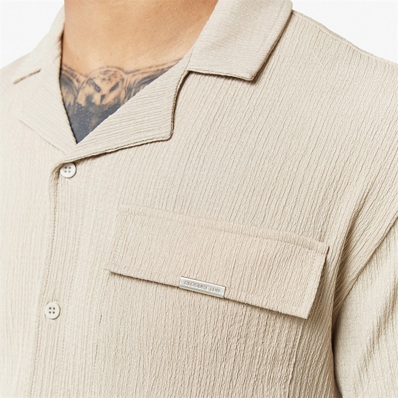 Closure London Mens Crinkle Short Sleeve Shirt And Shorts Set Stone - Image 3