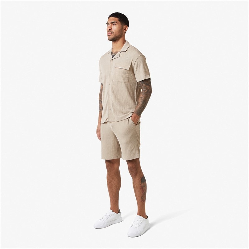 Closure London Mens Crinkle Short Sleeve Shirt And Shorts Set Stone - Image 4