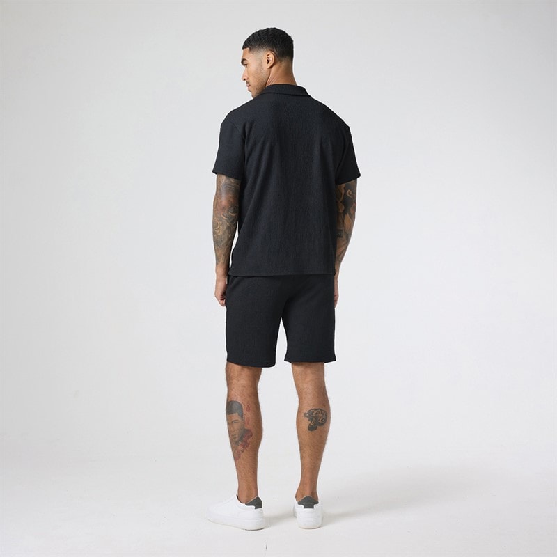 Closure London Mens Crinkle Short Sleeve Shirt And Shorts Set Black - Image 2