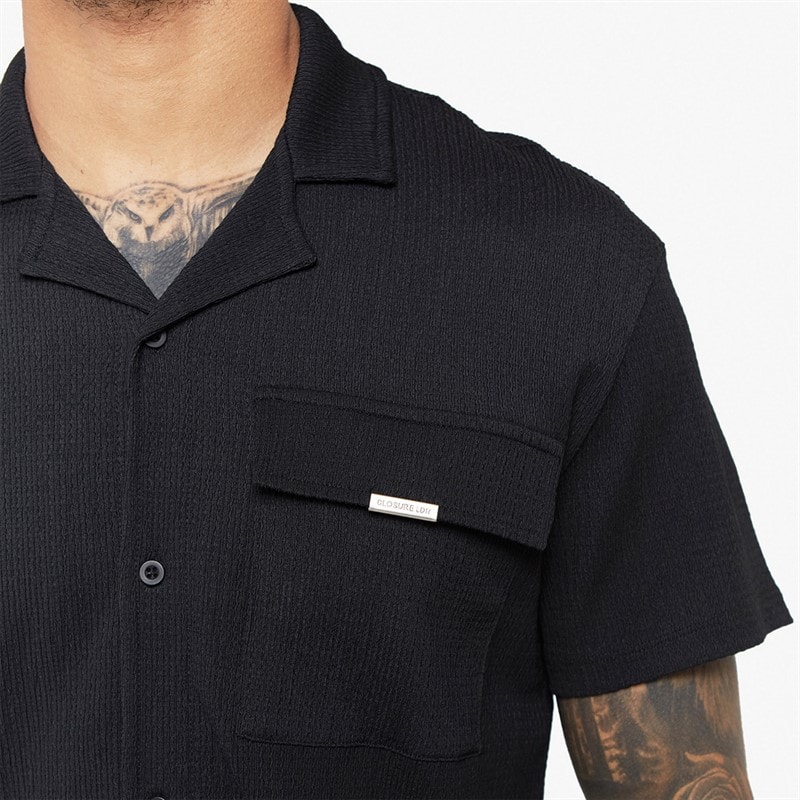 Closure London Mens Crinkle Short Sleeve Shirt And Shorts Set Black - Image 3