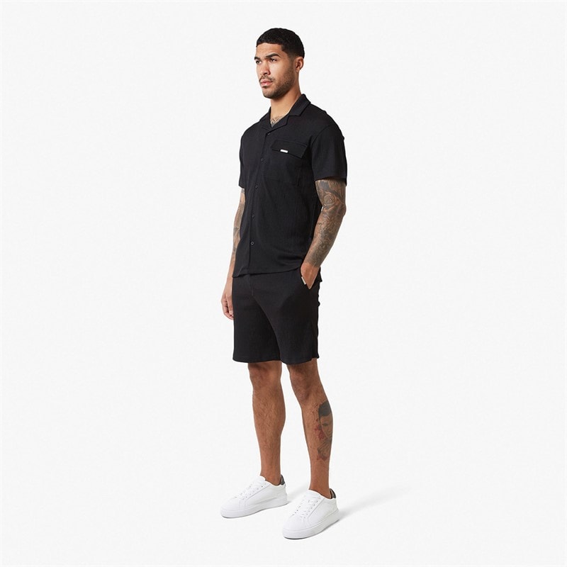 Closure London Mens Crinkle Short Sleeve Shirt And Shorts Set Black - Image 4