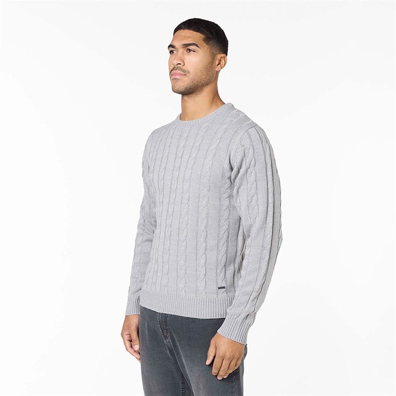 Closure London Mens Cable Knit Crew Neck Jumper Mid Grey - Image 1