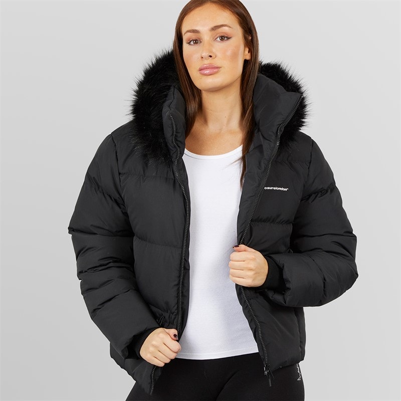 Closure London Womens Adjustable Waist Puffer With Faux Fur Hood Black