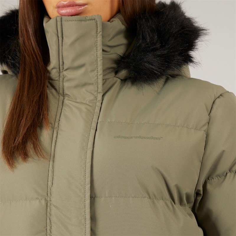 Closure London Womens Longline Faux Fur Parka With Hood Olive - Image 3
