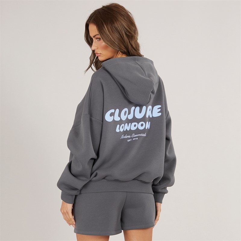 Closure London Womens Bubble Hoodie And Shorts Set Charcoal/Powder Blue