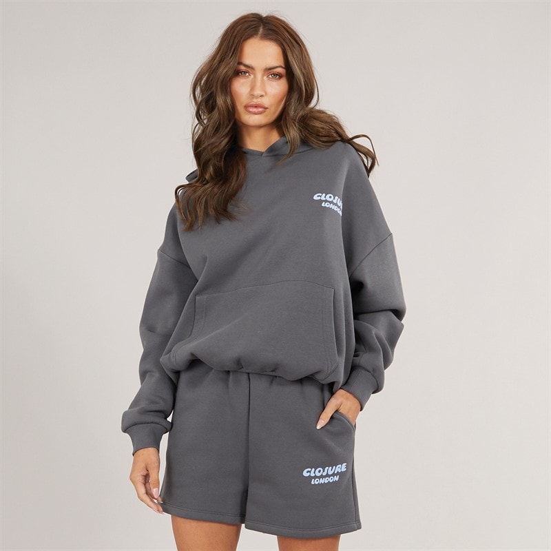 Closure London Womens Bubble Hoodie And Shorts Set Charcoal/Powder Blue - Image 2