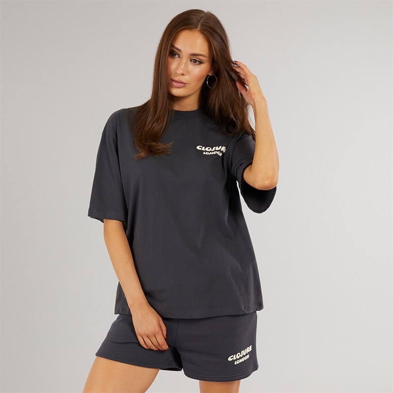 Closure London Womens Closure Bubble T-Shirt And Shorts Set Dark Grey/Cream - Image 2