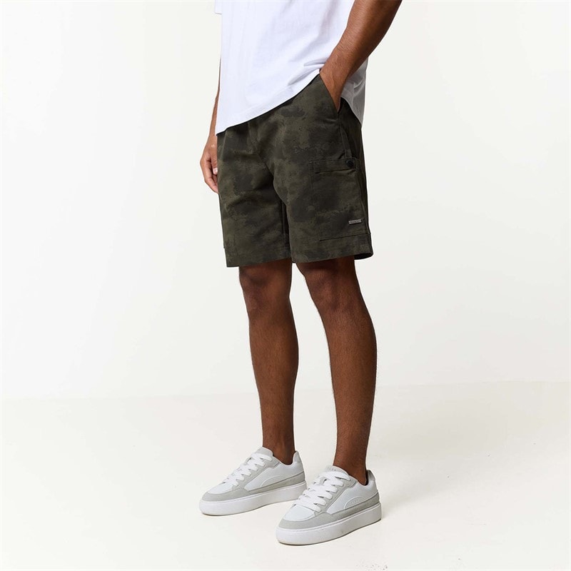Closure London Mens Ripstop Camo Utility Cargo Shorts Khaki Camo