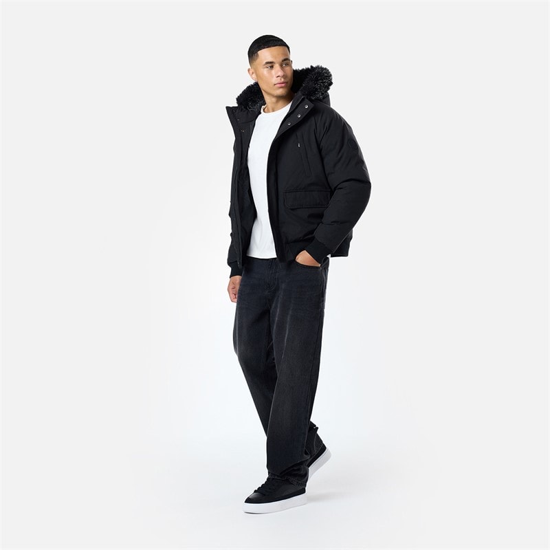 Closure London Mens Fur Hooded Coat Black - Image 2