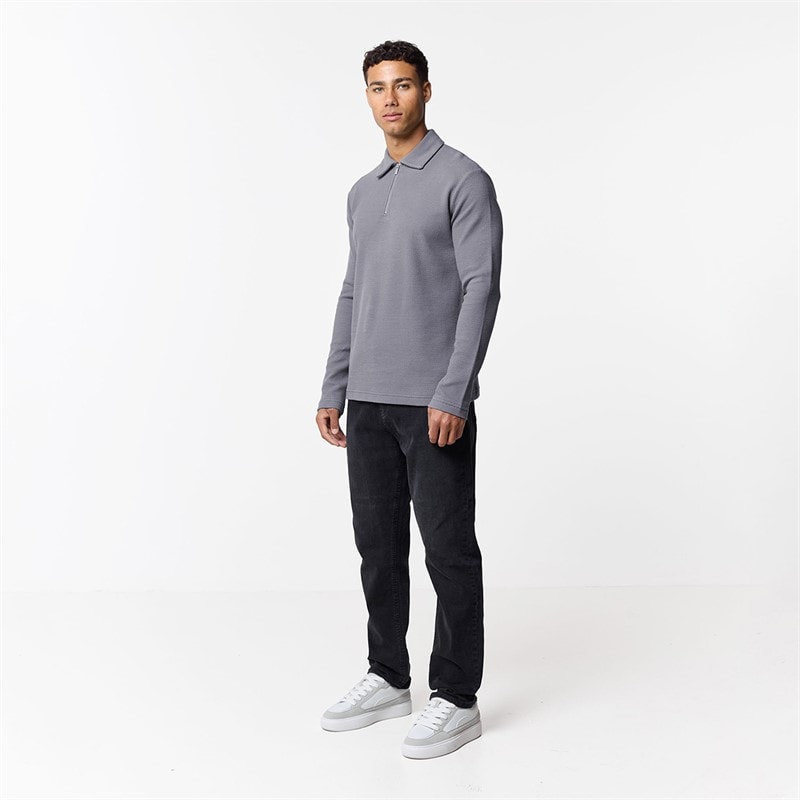 Closure London Mens Closure Quarter Zip Long Sleeve Polo Shirt Mid Grey - Image 2