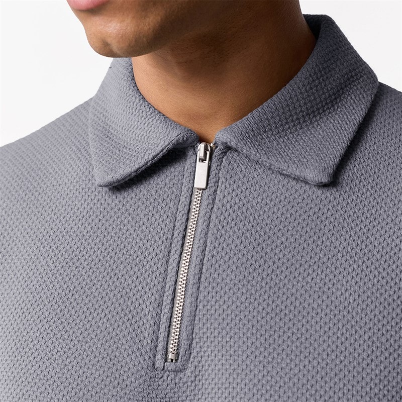 Closure London Mens Closure Quarter Zip Long Sleeve Polo Shirt Mid Grey - Image 4