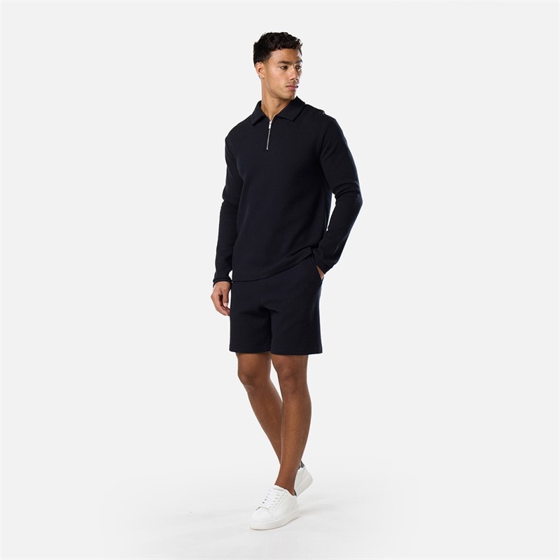 Closure London Mens Closure Quarter Zip Long Sleeve Polo Shirt Black - Image 2