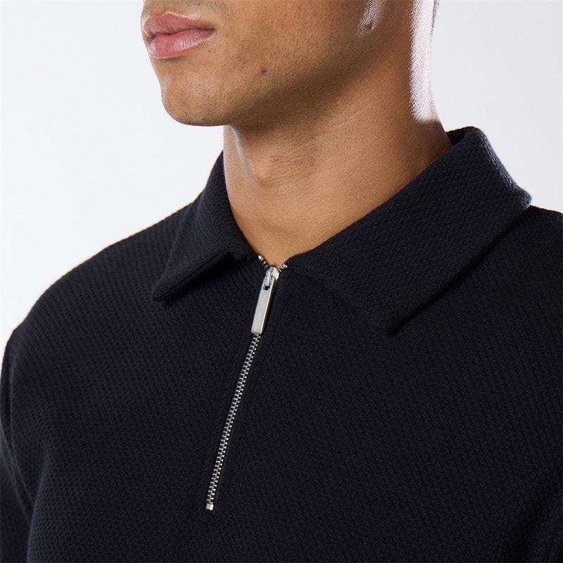 Closure London Mens Closure Quarter Zip Long Sleeve Polo Shirt Black - Image 4
