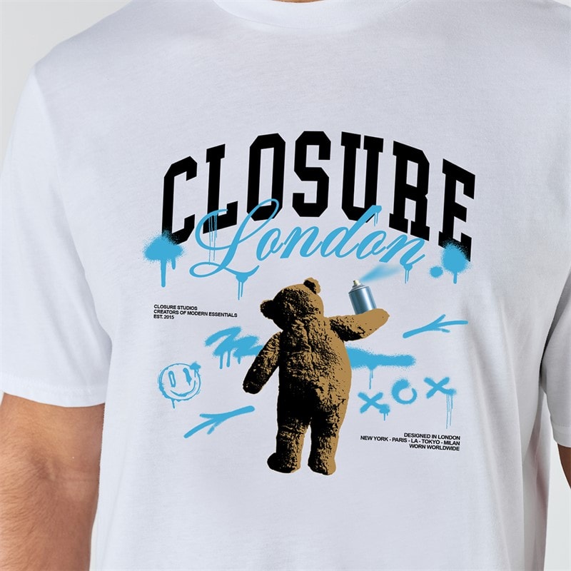 Closure London Mens Closure Spray Paint Teddy T-Shirt White - Image 4