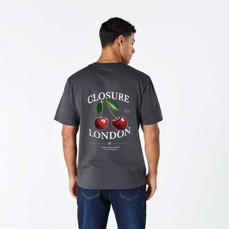 Closure London Mens Closure Relaxed Vintage Cherry T-Shirt Charcoal - Image 1