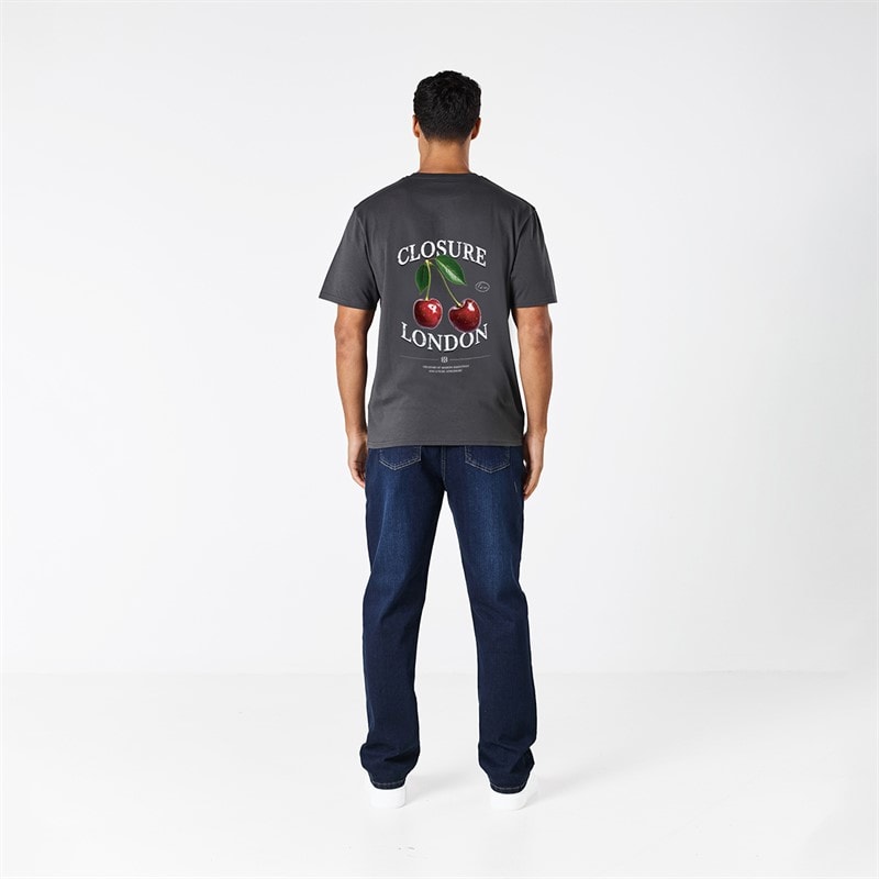 Closure London Mens Closure Relaxed Vintage Cherry T-Shirt Charcoal - Image 5