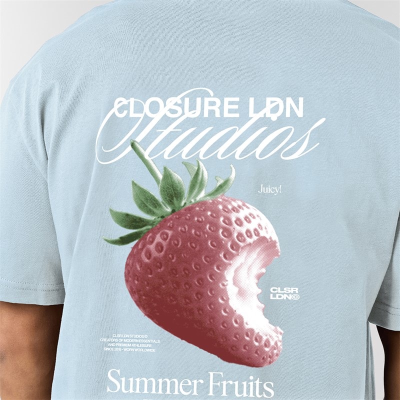 Closure London Mens Relaxed Strawberry T-Shirt Sky Blue - Image 3