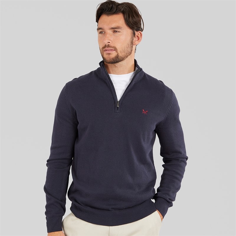 Crew Clothing Mens 1/4 Zip Neck Fine Cotton Jumper Navy