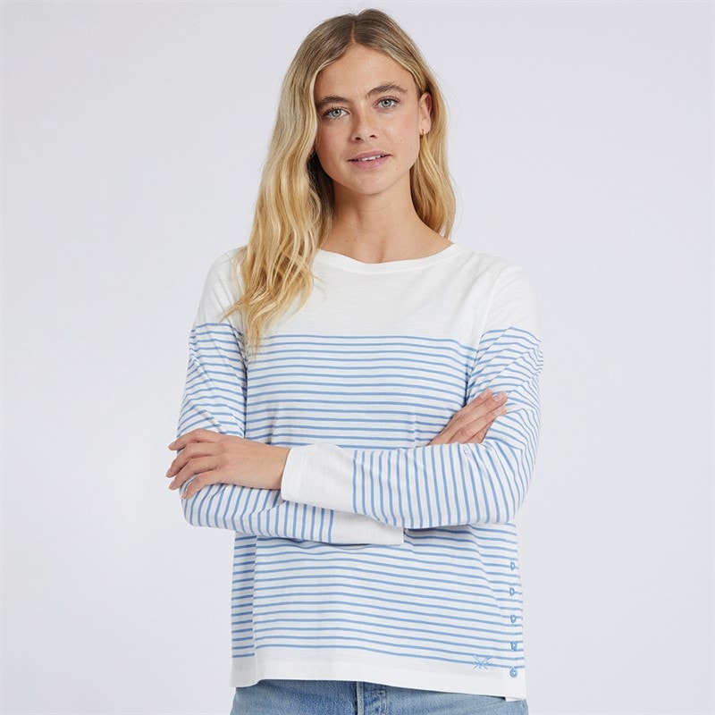 Crew Clothing Womens Cassie Stripe Slub Button Long Sleeve Top White/Cornflower Blue