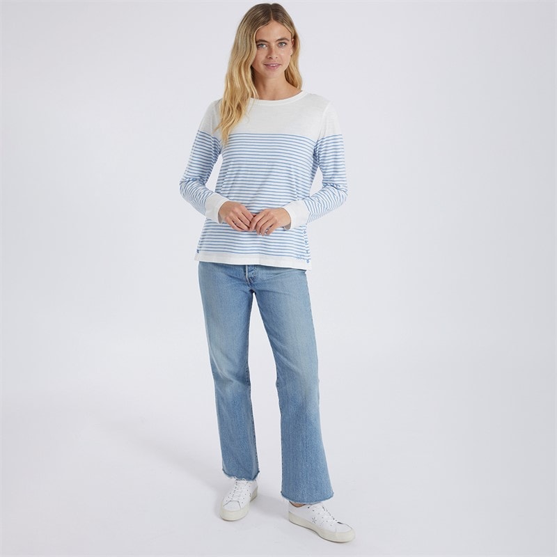 Crew Clothing Womens Cassie Stripe Slub Button Long Sleeve Top White/Cornflower Blue - Image 4