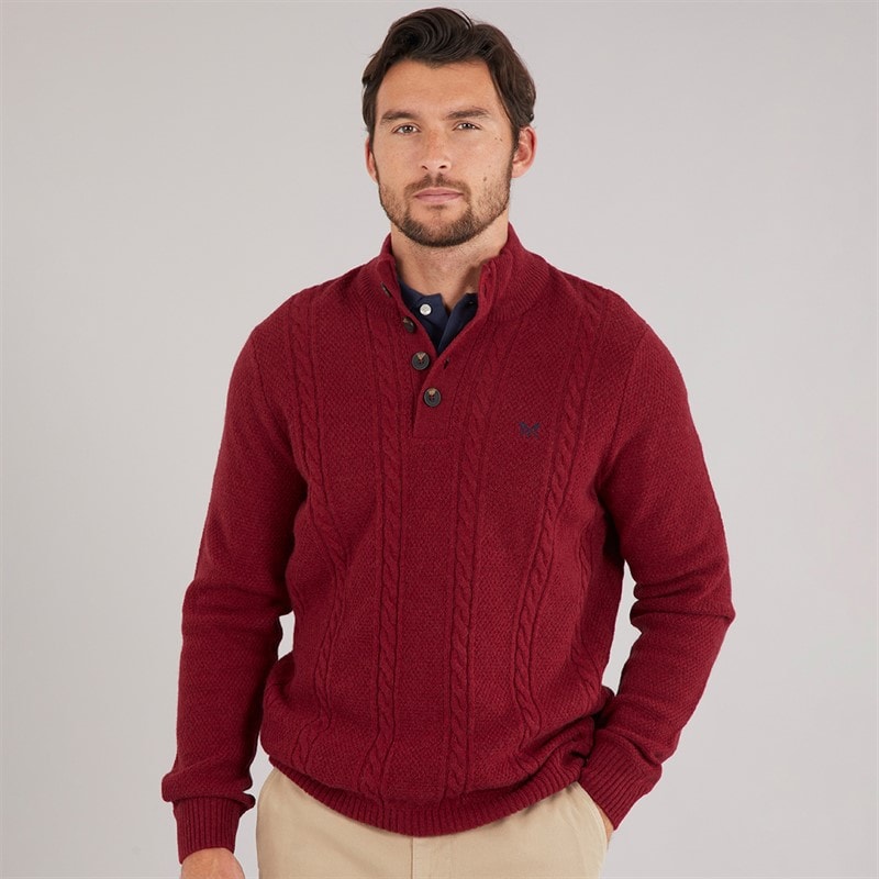 Crew Clothing Mens Lambswool Rich Button Neck Cable Knit Jumper Rhubarb - Image 3