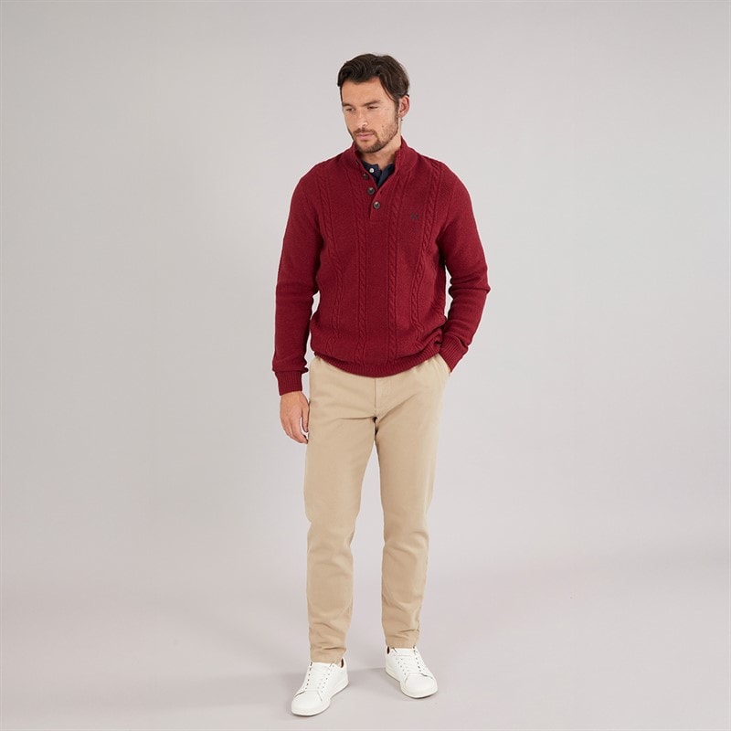 Crew Clothing Mens Lambswool Rich Button Neck Cable Knit Jumper Rhubarb - Image 4
