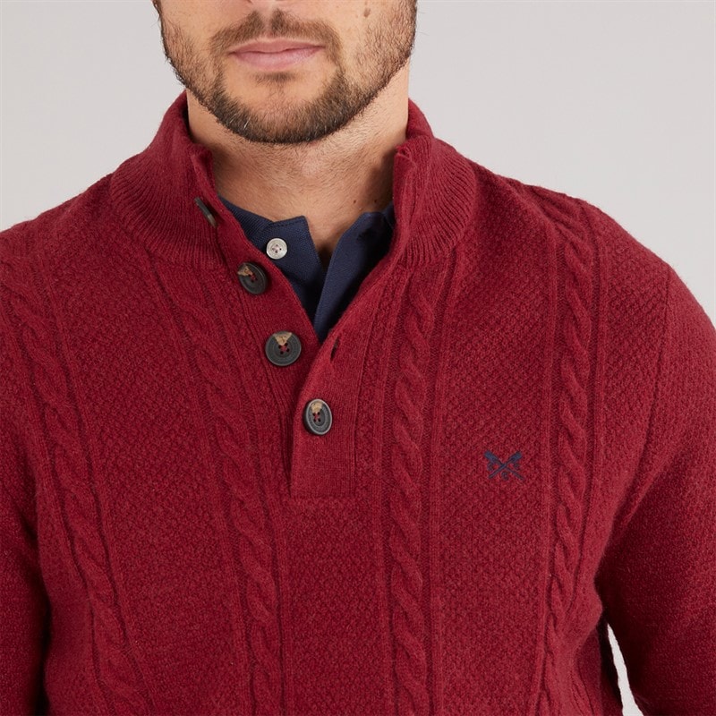 Crew Clothing Mens Lambswool Rich Button Neck Cable Knit Jumper Rhubarb - Image 5