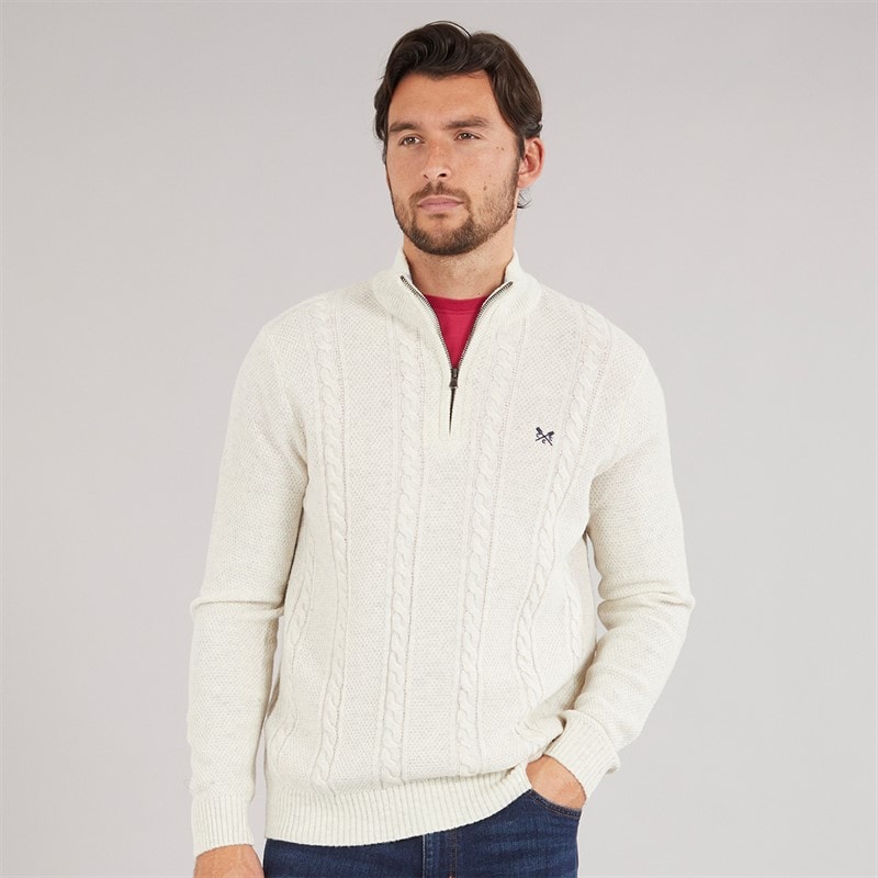 Crew Clothing Mens Lambswool Rich 1/2 Zip Cable Knit Jumper Papyrus Marl - Image 1