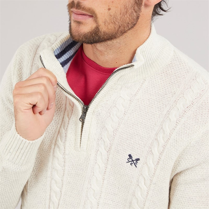 Crew Clothing Mens Lambswool Rich 1/2 Zip Cable Knit Jumper Papyrus Marl - Image 3