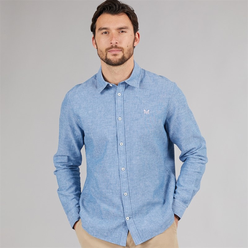 Crew Clothing Mens Linen Shirt Dark Blue/White