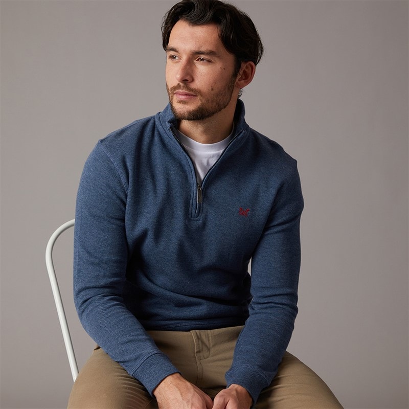Crew Clothing Mens French Rib 1/2 Zip Sweatshirt Vintage Indigo Marl