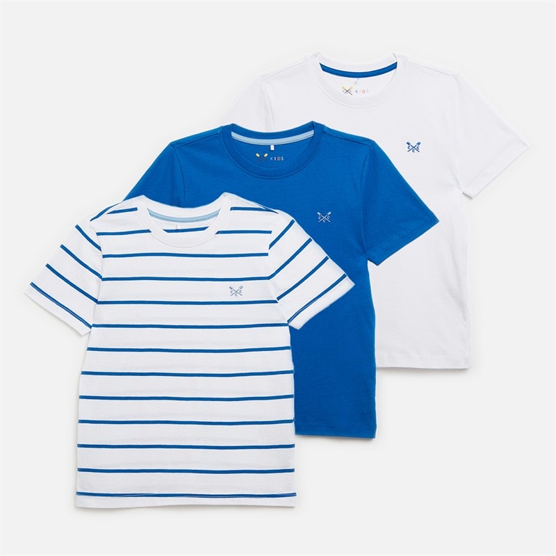 Crew Clothing Boys Three Pack Stripe And Plain Classic T-Shirts Bright White/Snorkel Blue