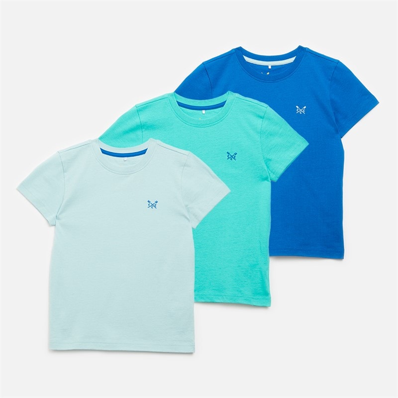 Crew Clothing Boys Three Pack Plain Classic T-Shirts Waterfall/Snorkel Blue/Canal Blue