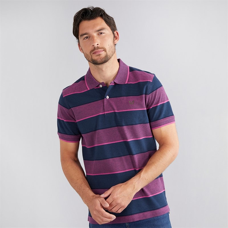 Crew Clothing Mens Oxford Stripe Polo Shirt Heritage Navy/Magenta Haze - Image 1