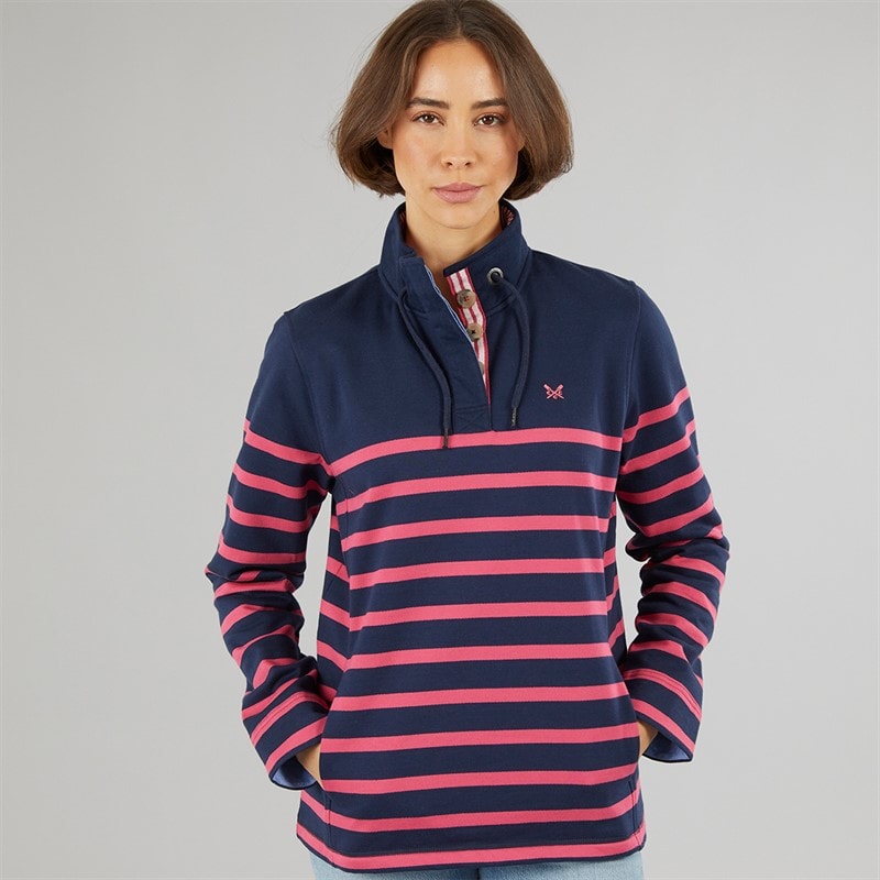 Crew Clothing Womens Toggle Stripe Sweatshirt Navy/Carmine - Image 1