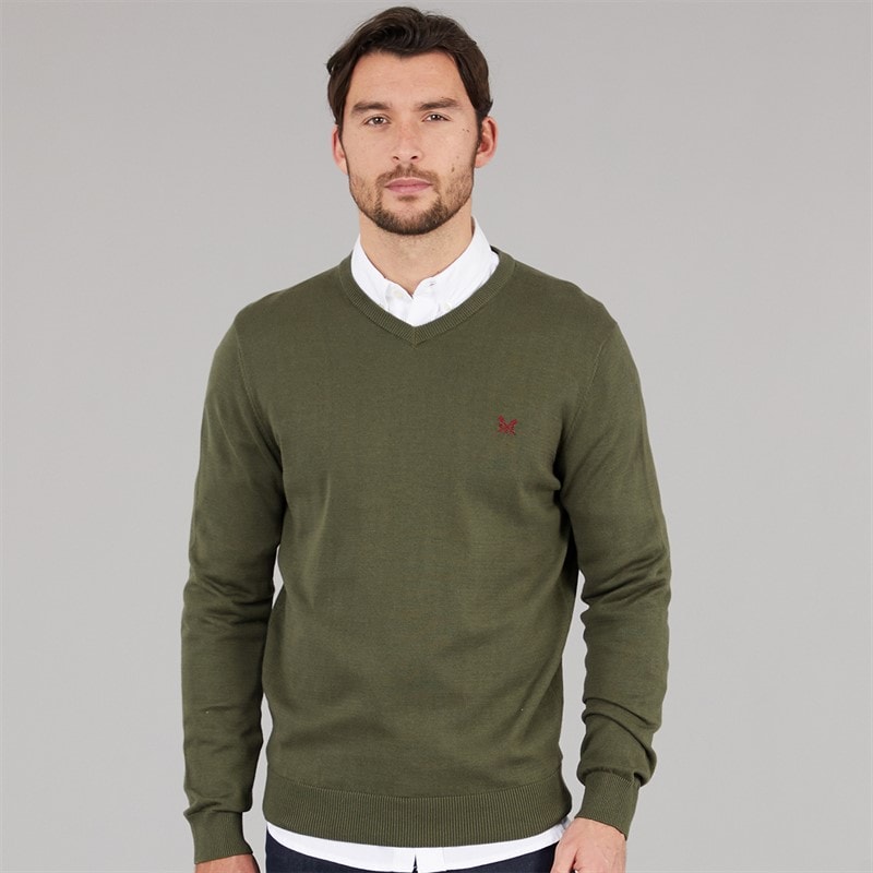 Crew Clothing Mens V-Neck Cotton Jumper Heritage Olive - Image 3