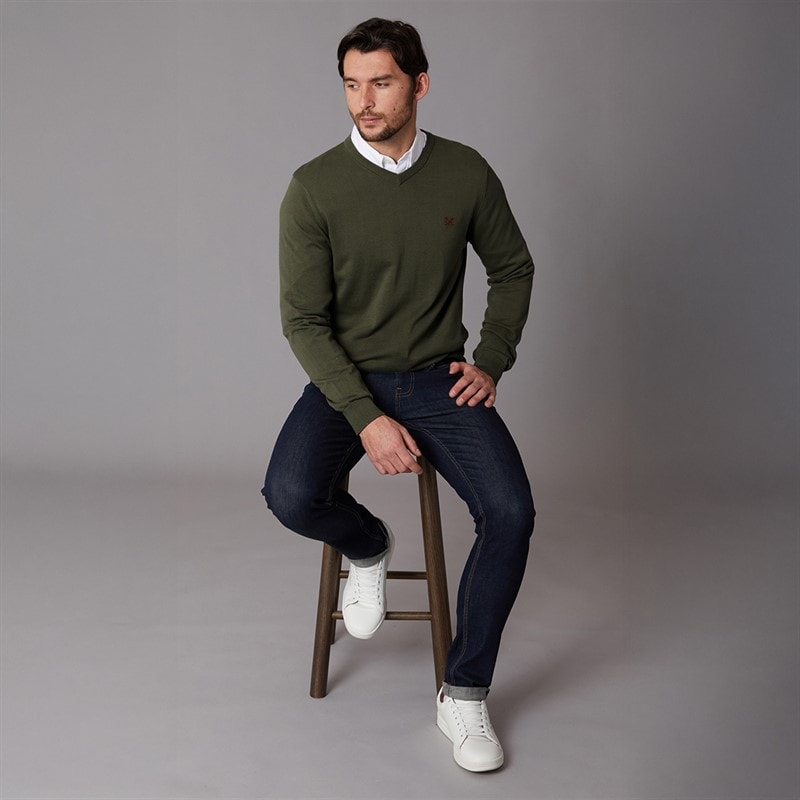 Crew Clothing Mens V-Neck Cotton Jumper Heritage Olive - Image 4