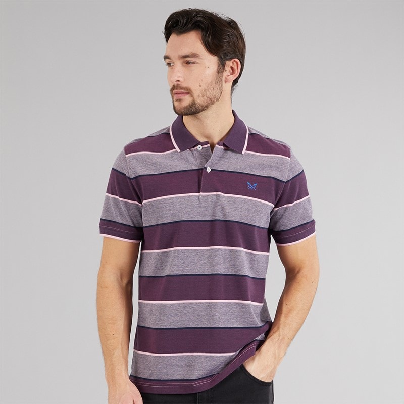 Crew Clothing Mens Oxford Stripe Polo Shirt Purple Potion/Heritage Navy/Cameo Pink - Image 1