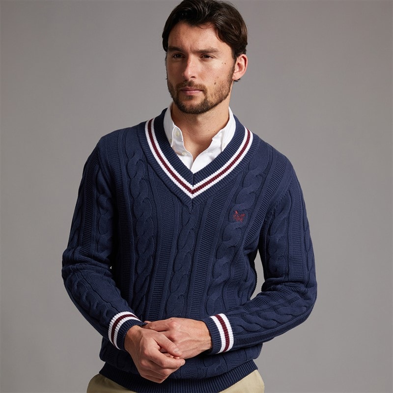 Crew Clothing Mens Cricket Jumper Heritage Navy/Zinfandel - Image 1