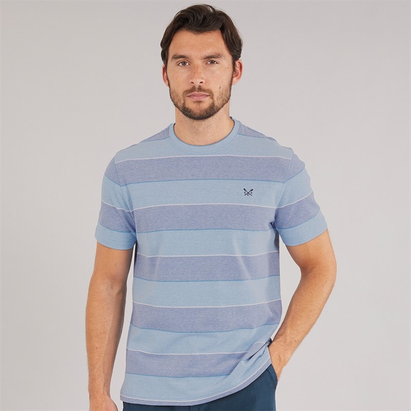 Crew Clothing Mens Oxford Stripe T-Shirt Heritage White/Malibu Blue - Image 1