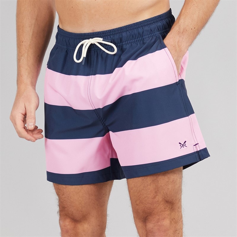 Crew Clothing Mens Stripe Swim Shorts Cameo Pink/Heritage Navy - Image 1