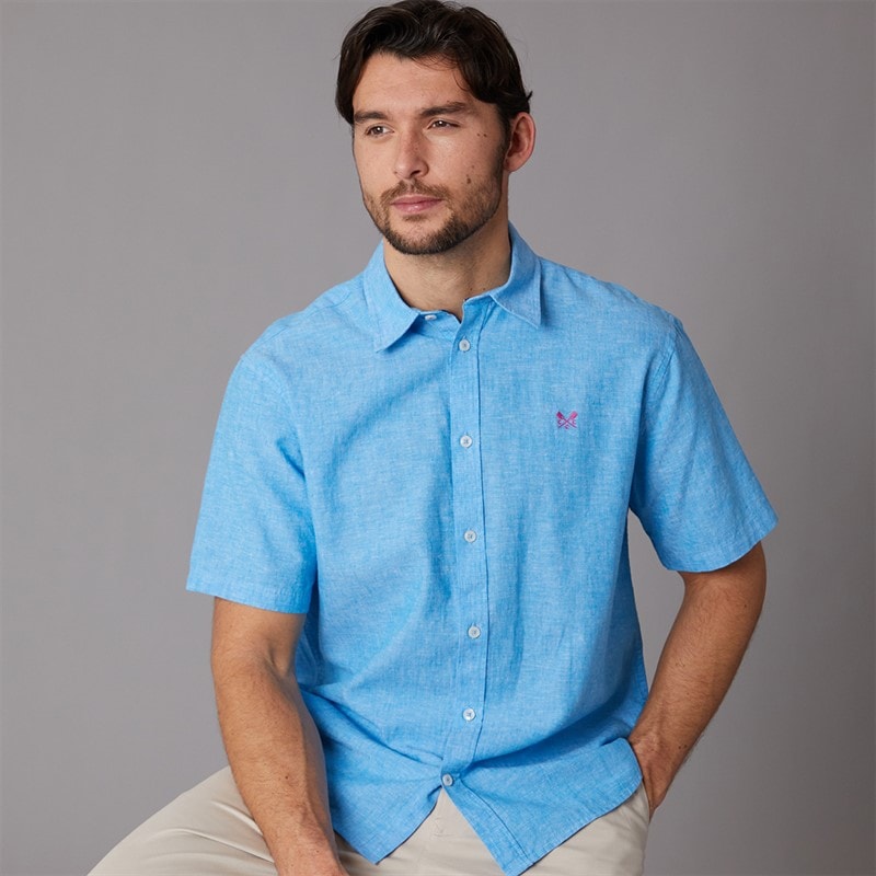 Crew Clothing Mens Classic Fit Short Sleeve Linen Shirt Malibu Blue/Heritage White