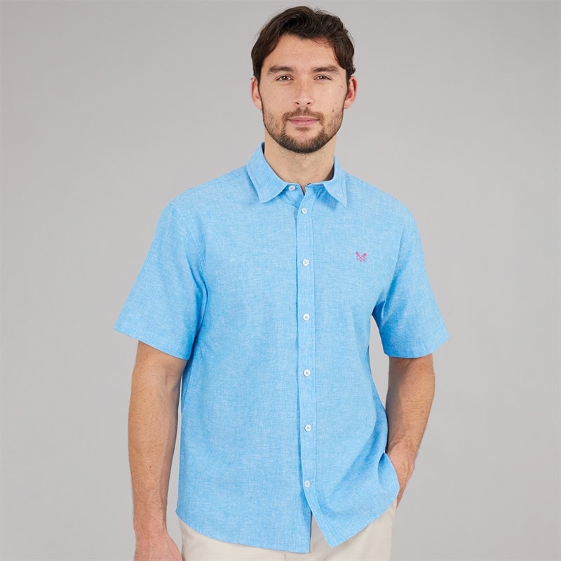 Crew Clothing Mens Classic Fit Short Sleeve Linen Shirt Malibu Blue/Heritage White - Image 3