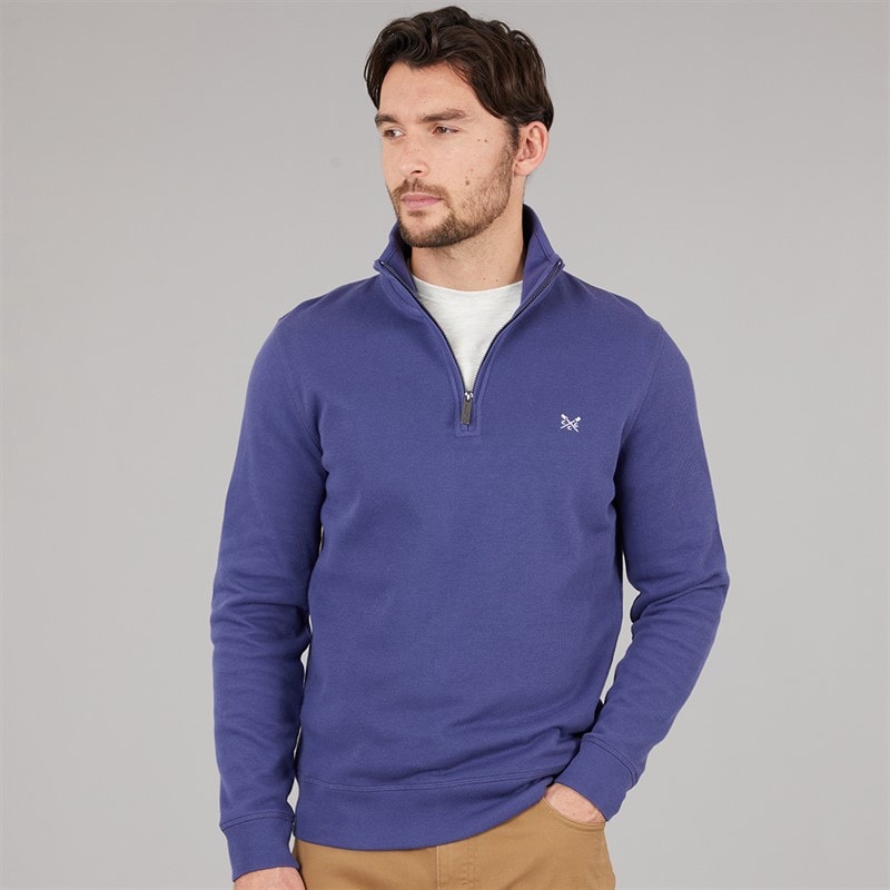 Crew Clothing Mens French Rib Half Zip Sweatshirt Deep Cobalt