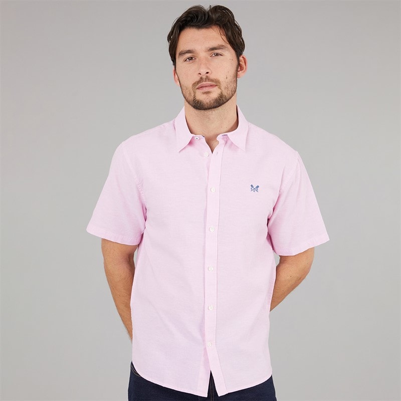 Crew Clothing Mens Classic Fit Short Sleeve Linen Shirt Fragrant Lilac/Heritage White