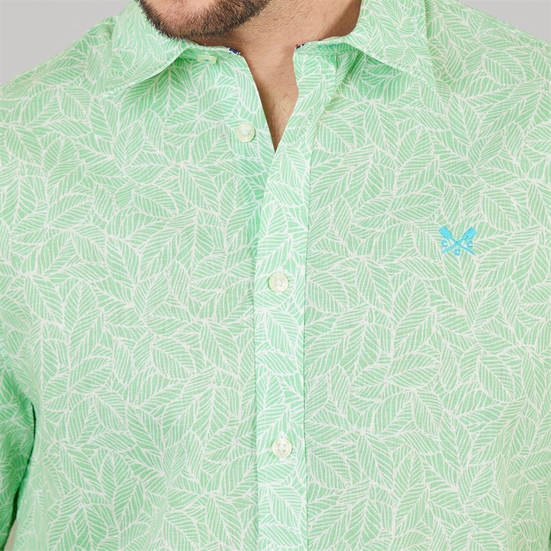 Crew Clothing Mens Short Sleeve Leaf Print Linen Shirt Light Grass Green/Heritage White - Image 3